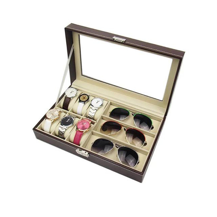 Hộp đựng kính đồng hồ bọc da gồm 6 chiếc đồng hồ và 3 kính mắt tặng kèm dụng cụ ngoáy ráy tai có đèn tiện lợi