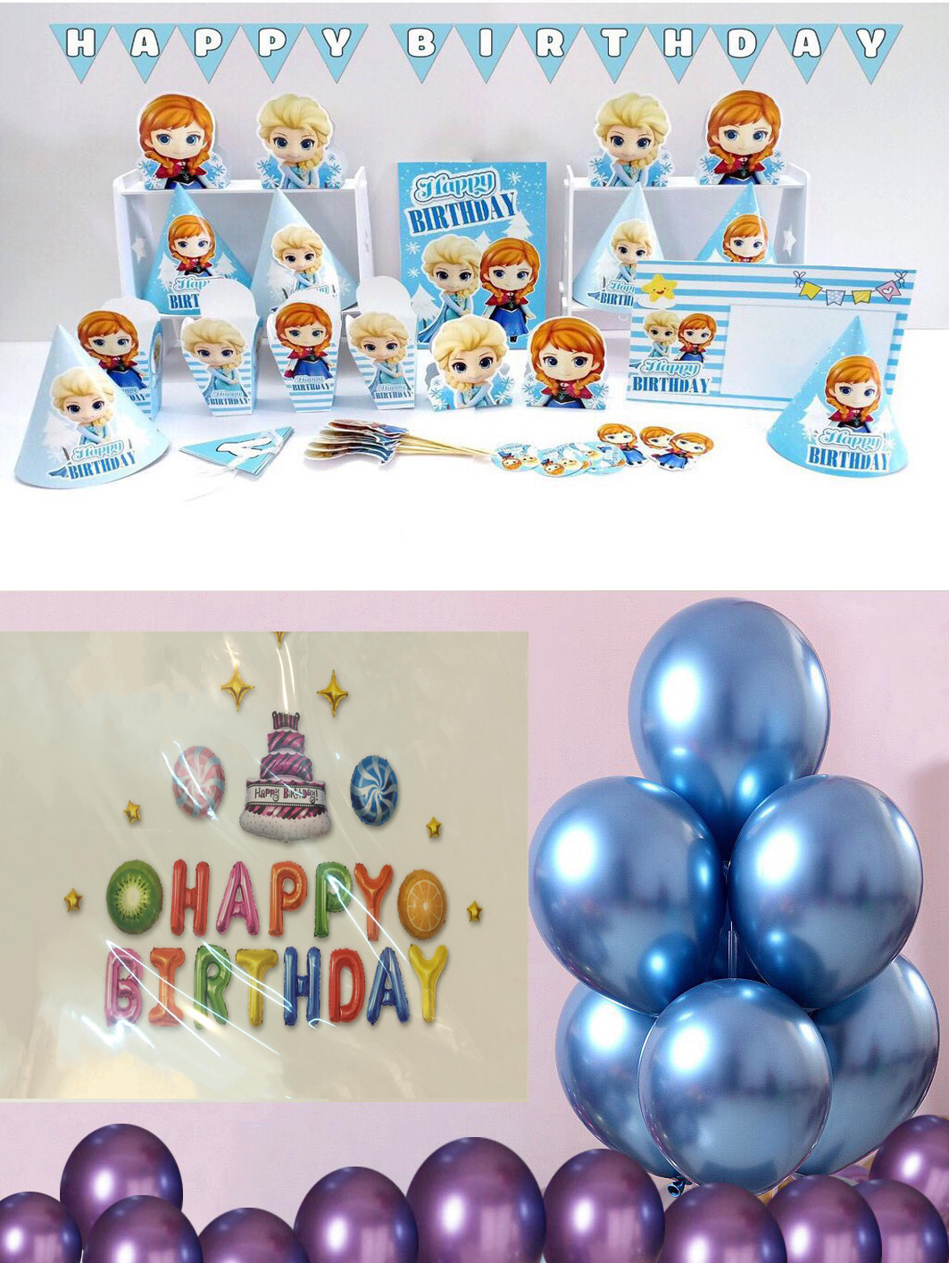 Bộ 8 món để bàn chủ đề ELSA&amp;ANNA  và 2 sét trang trí trí sinh nhật cho bé gái giao chữ HAPPY BIRTHDAY ngẫu nhiên (Quà tặng cho bé là 2 đôi đũa trẻ em dài 20cm)