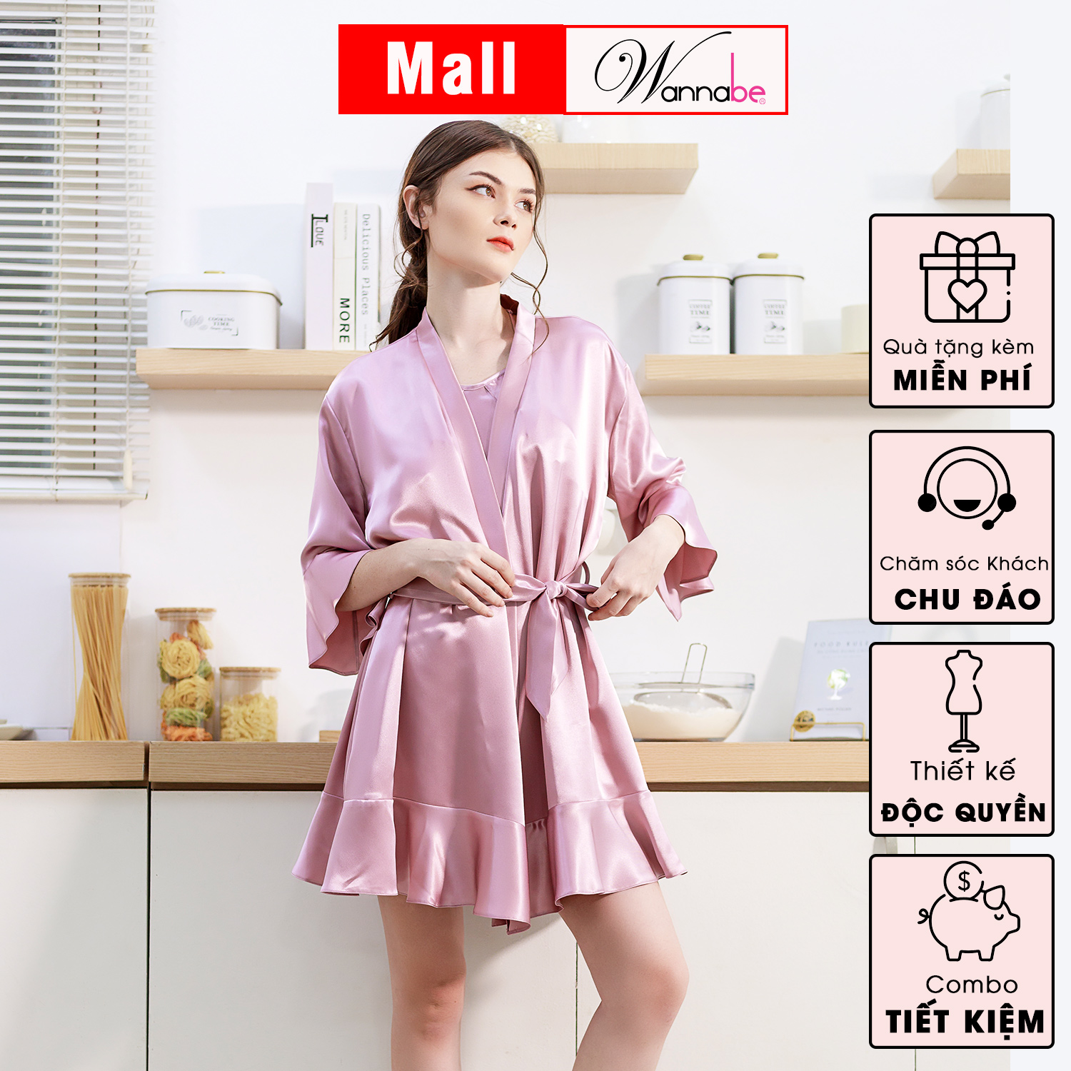 Áo choàng ngủ phi lụa kimono cao cấp Wannabe KIS22 tay loe phối bèo tùng nhẹ nữ tính xinh xắn