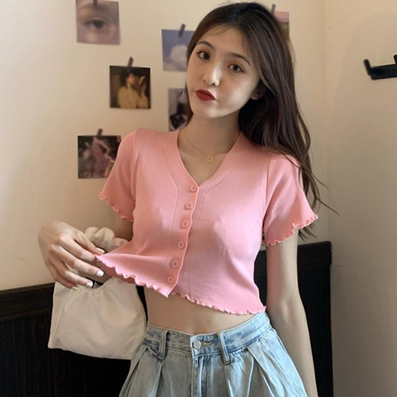 Áo Thun Dệt Kim Tay Ngắn Cổ Chữ V Phối Nút Xinh Xắn Cho Nữ