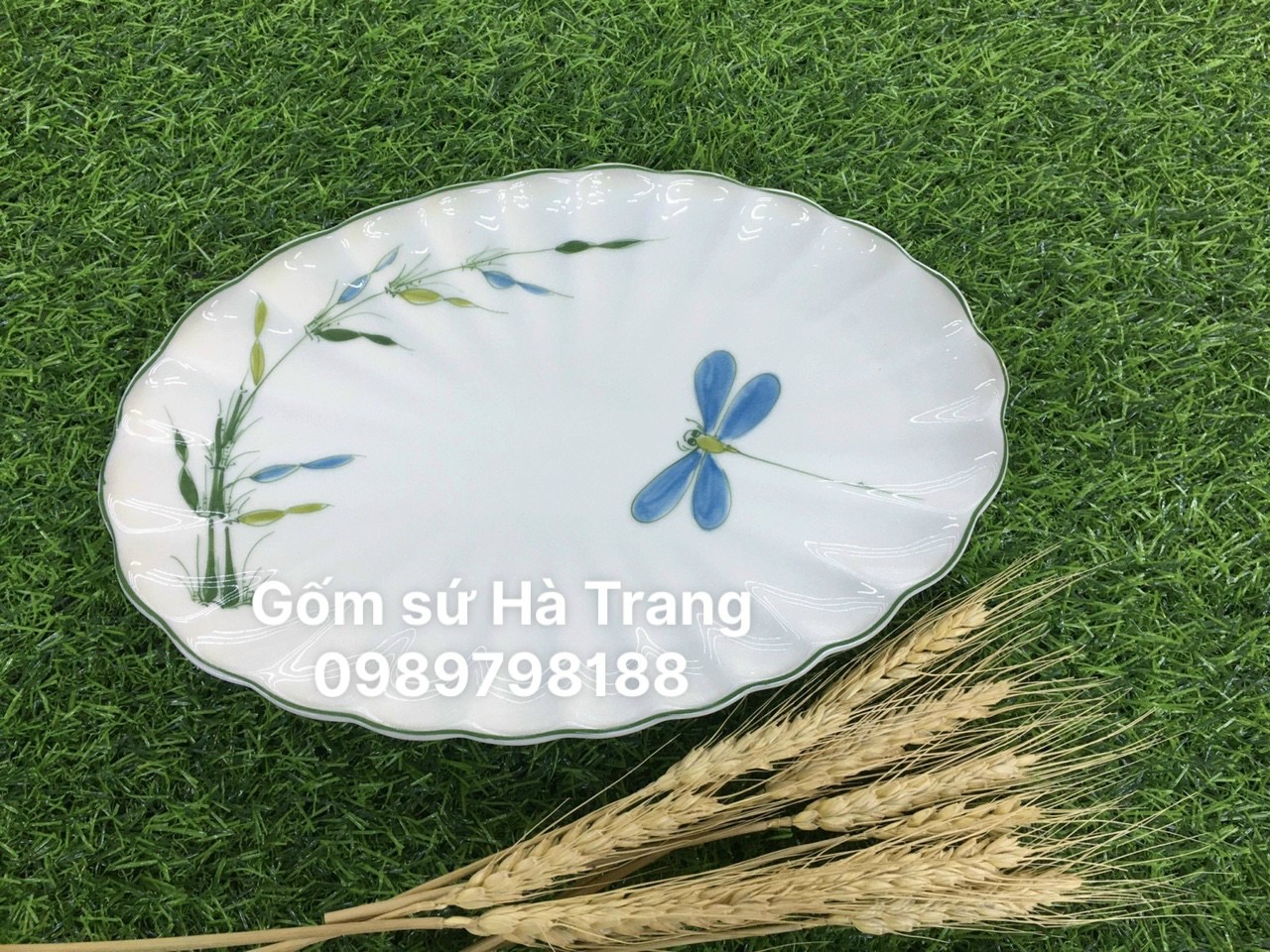 Bộ bát đĩa gốm sứ Bát Tràng cao cấp vẽ hoạ tiết trúc chuồn BDATC001