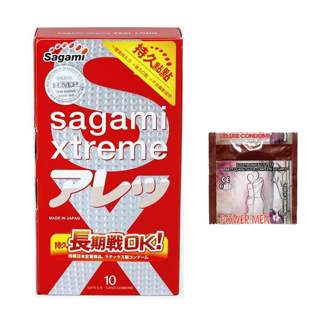 Bao Cao Su Gai Kéo Dài Thời Gian Của Nhật Bản Sagami Xtreme Feel Long (Hộp 10 Chiếc) Không Mùi Cao Su  - Tặng 1 Chiếc BCS Power Men - Che Tên Sản Phẩm