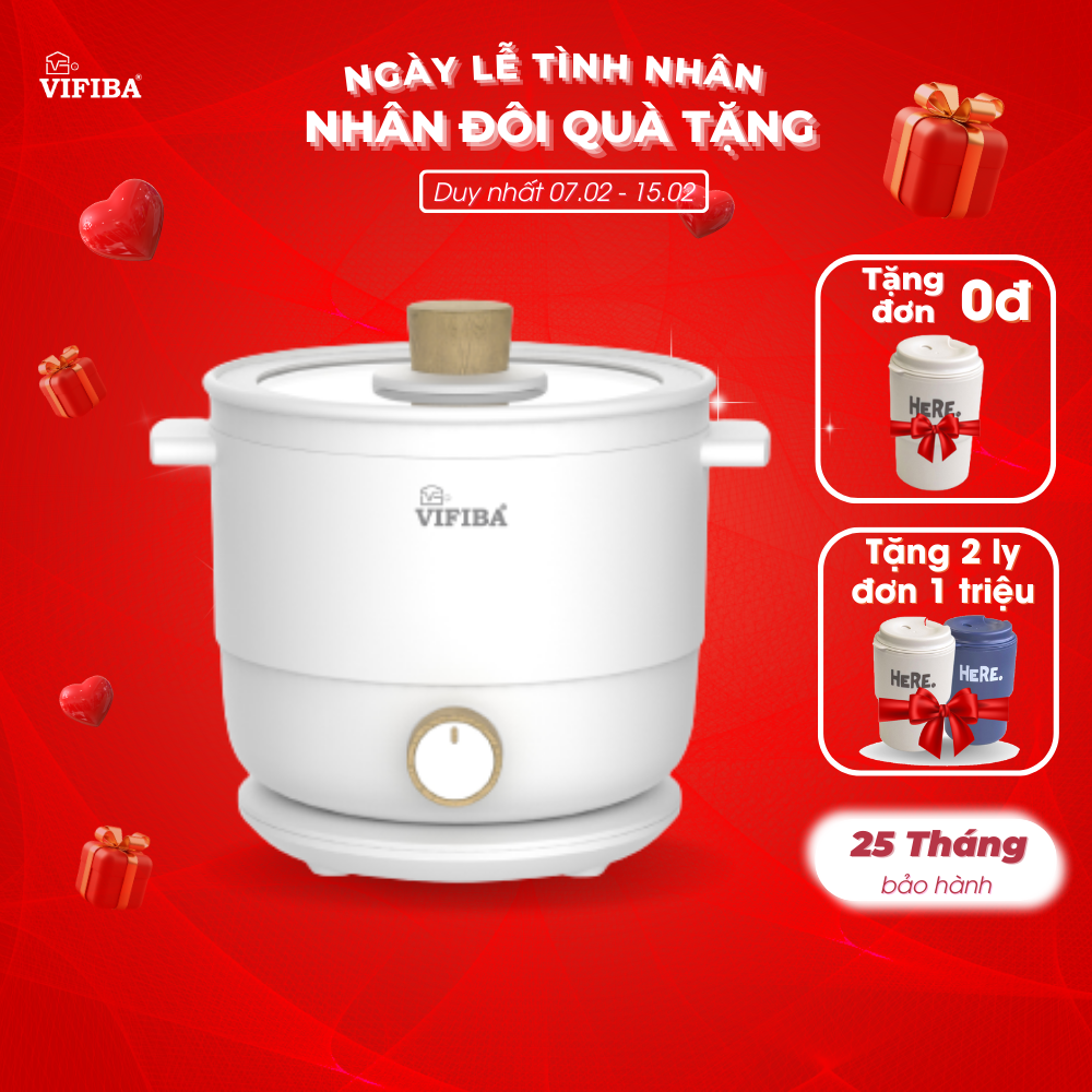 Nồi lẩu điện sâu lòng đa năng hàng chính hãng VIFIBA, kèm đế nồi, dung tích 1,5L, 2 cấp độ - Nấu, Chiên, Xào, Hấp, Lẩu , Cháo