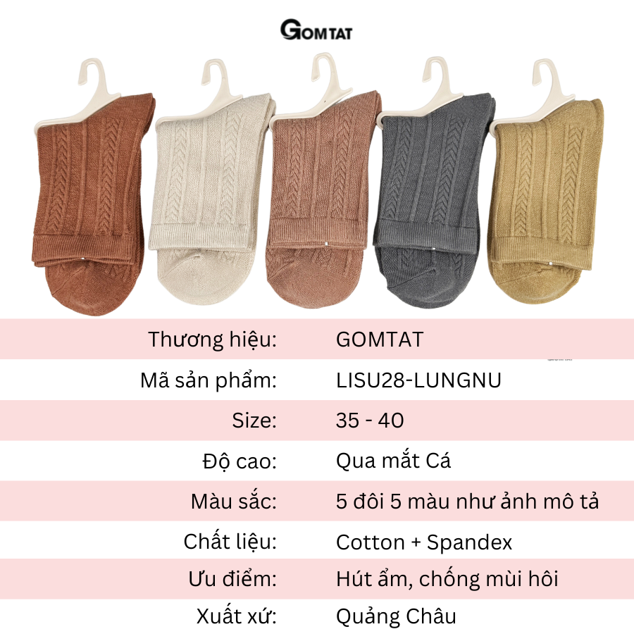 Set 5 đôi tất vớ nữ cổ lửng GOMTAT họa tiết gân chìm, chất liệu cao cấp, êm mềm thoáng khí - LISU28-LUNGNU