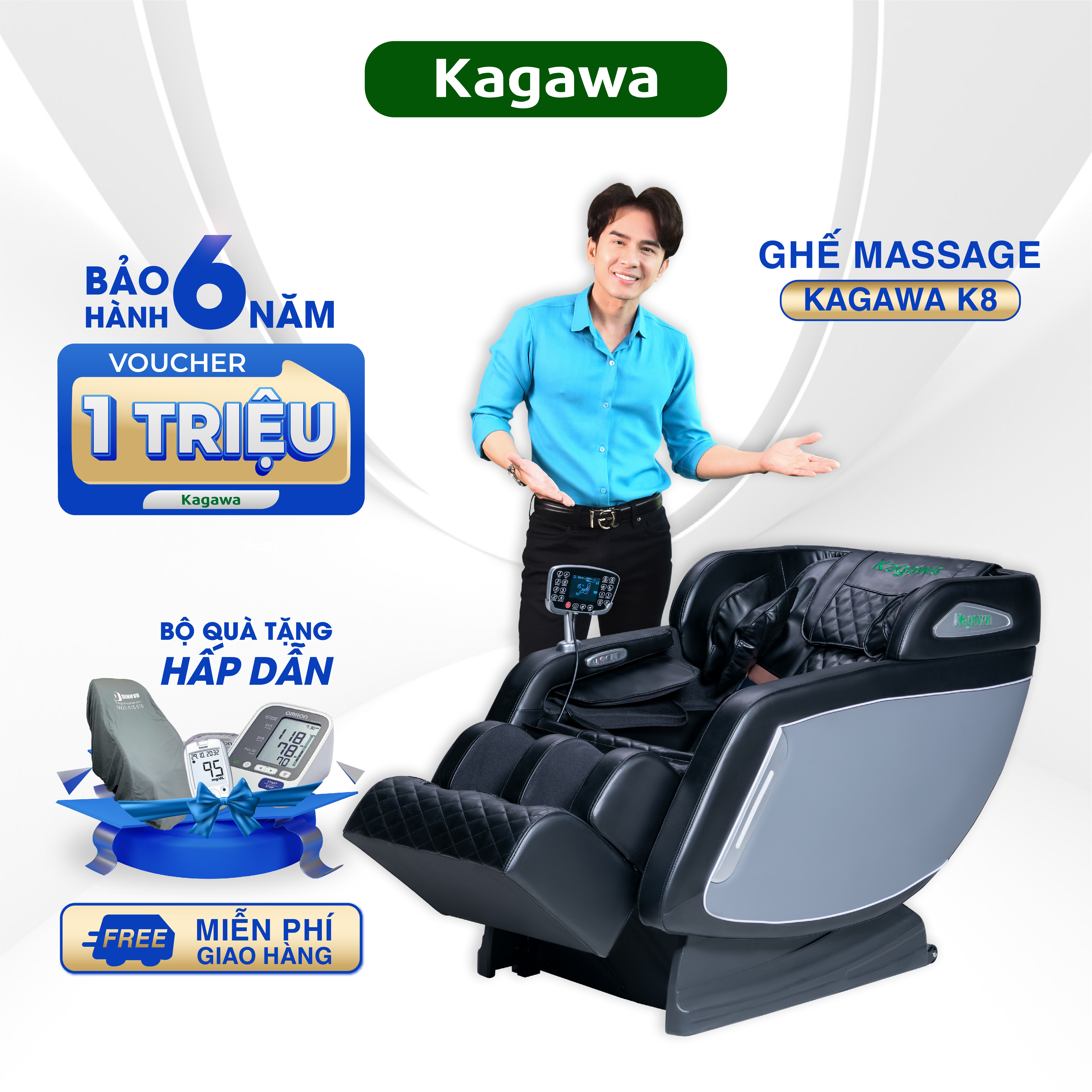 Ghế massage toàn thân Kagawa K8 giúp thư giãn thoải mái, hỗ trợ giảm đau xương khớp, giảm stress