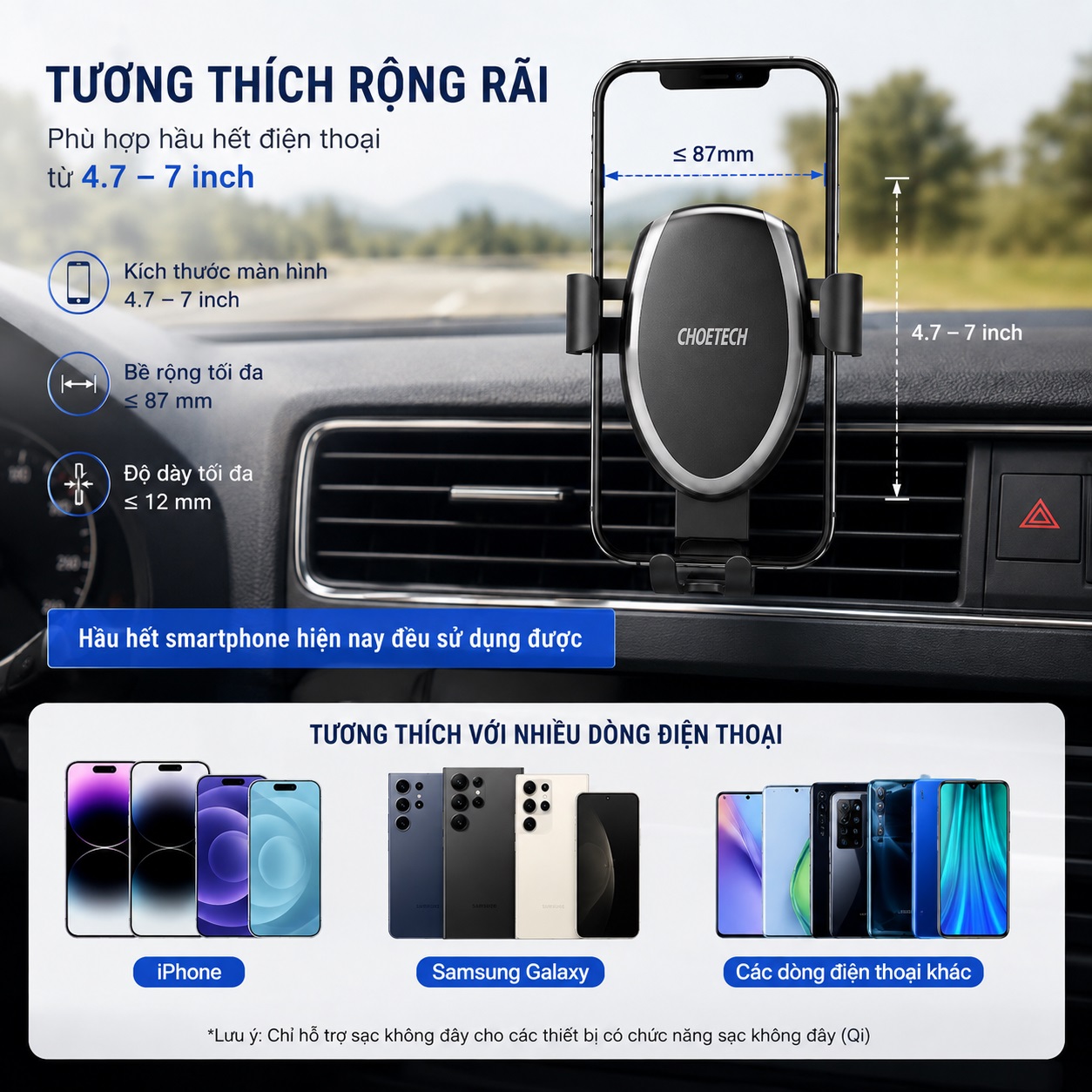 Giá đỡ điện thoại sạc nhanh không dây 2 in 1 gắn chân không + kẹp khe gió Choetech T536 Cho điện thoại / iPhone - Kẹp Trọng Lực Xoay 360 Độ Kẹp Khe Gió Hoặc Dán Taplo - hàng nhập khẩu