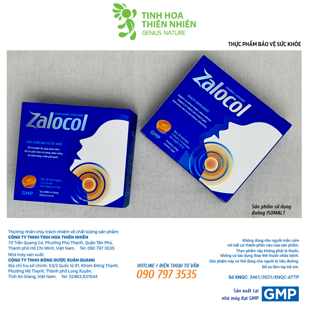 Combo 10 hộp viên ngậm ho thảo mộc Zalocol Hỗ trợ giảm đờm, giảm đau rát họng, khản tiếng do viêm họng, viêm phế quản (Hộp 20 viên) - Genat