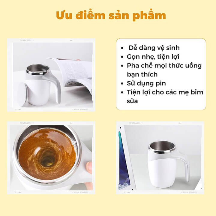 Cốc giữ nhiệt pha cà phê tự khuấy lõi Inox 304 dung tích 380ml, Ly tự khuấy nam châm pha đồ uống, trà Coffee thông minh-XY221