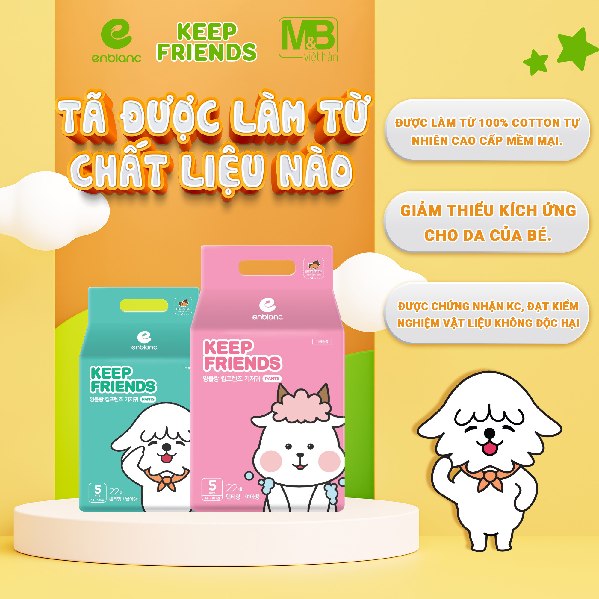 ( Tặng 6 Miếng ) Combo 3 Bịch Tã Quần Cao Cấp Hàn Quốc ENBLANC KEEP FRIENDS Mềm Mại Mỏng Nhẹ, Thấm Hút Nhanh Cho Bé Gái Size XXL (Trên 15kg) 18 Miếng