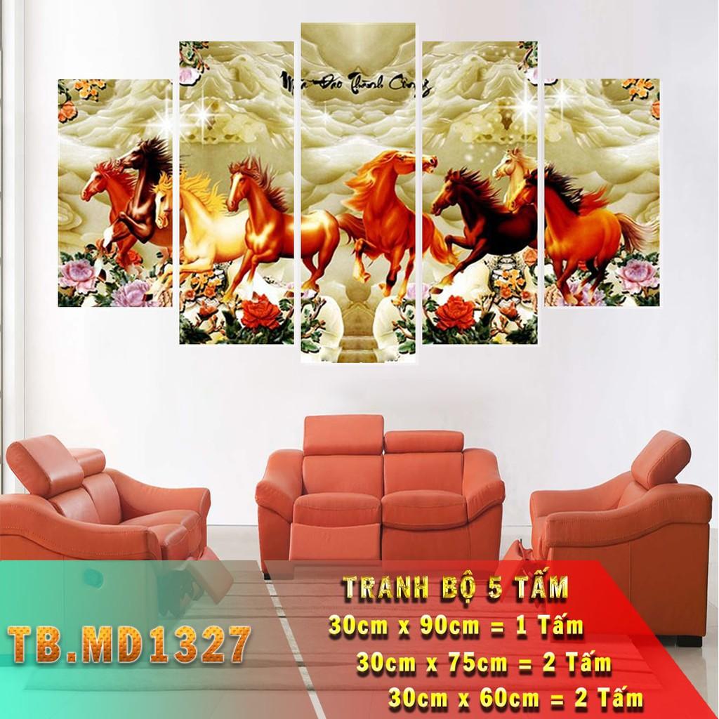 Bộ 5 tấm ghép tranh dán tường 3D mã đáo thành công, tranh ngựa 3d dán tường
