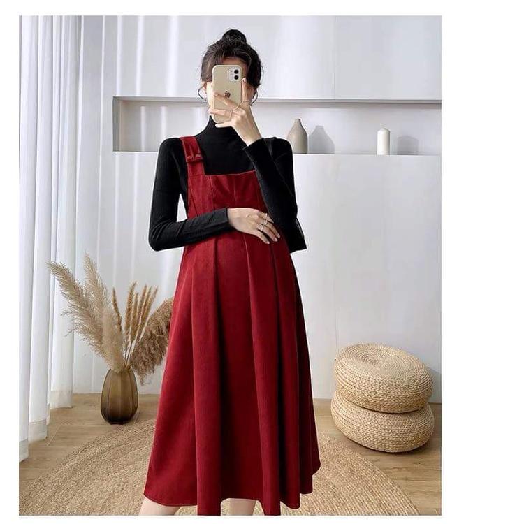 Đầm Bầu yếm- Váy Bầu Thu Đông Chất Nhung Tăm Dày Xinh Xắn Lịch Sự