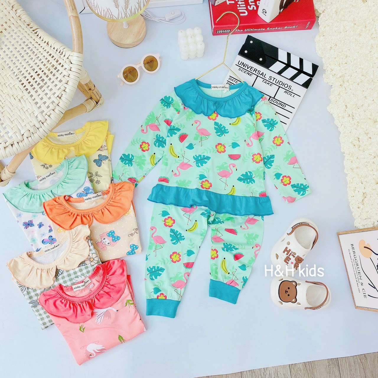 Đồ Bộ Dài Tay Bé Gái Thun Lạnh Minky Cổ Lá Sen Hình Thỏ Hồng Hạc Hoa Cúc
