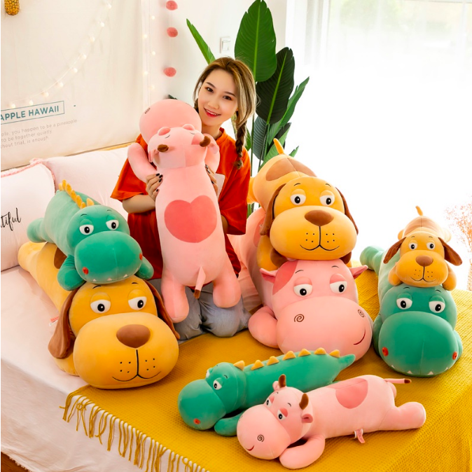 Bộ ba thú nhồi bông mắt lồi cute - Size từ 70cm đến 1m2- Quà tặng gấu bông trâu hồng, chó, khủng long xanh dễ thương - Gối ôm mềm mịn cho bé