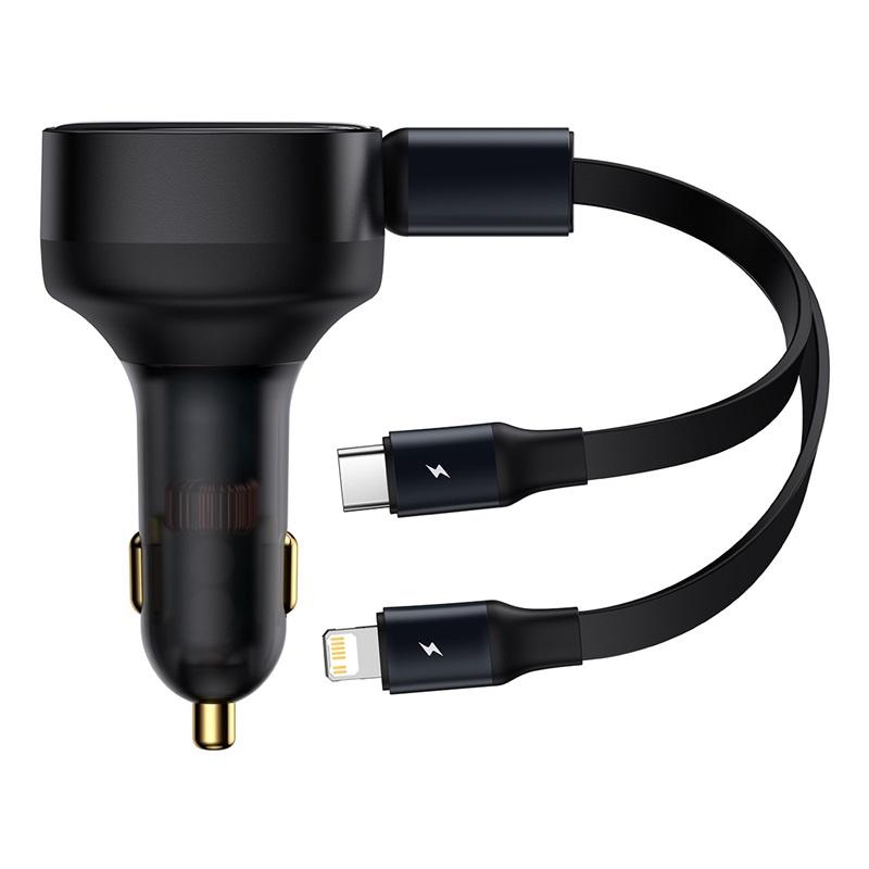 Tẩu Sạc Kèm Cáp Công Suất Cao Baseus Enjoyment Retractable 2-in-1 Car Charger C+L 30W (Hàng chính hãng)