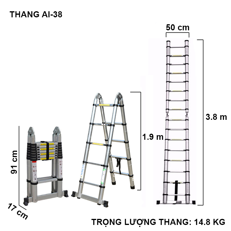 Thang Nhôm Rút Đa Năng 3m8 NKT-AI38E - Hàng Chính Hãng NIKITA - Công Nghệ Tiên Tiến Nhật Bản - Tiêu Chuẩn Châu Âu