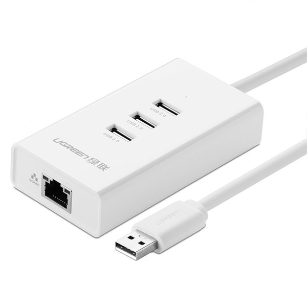 Cáp chuyển đổi USB 2.0 Sang 1*Lan RJ45 hổ trợ 10/100Mbps, 3*USB 2.0 dây dài 50cm màu Trắng Ugreen UNW20259CR102 hàng chính hãng