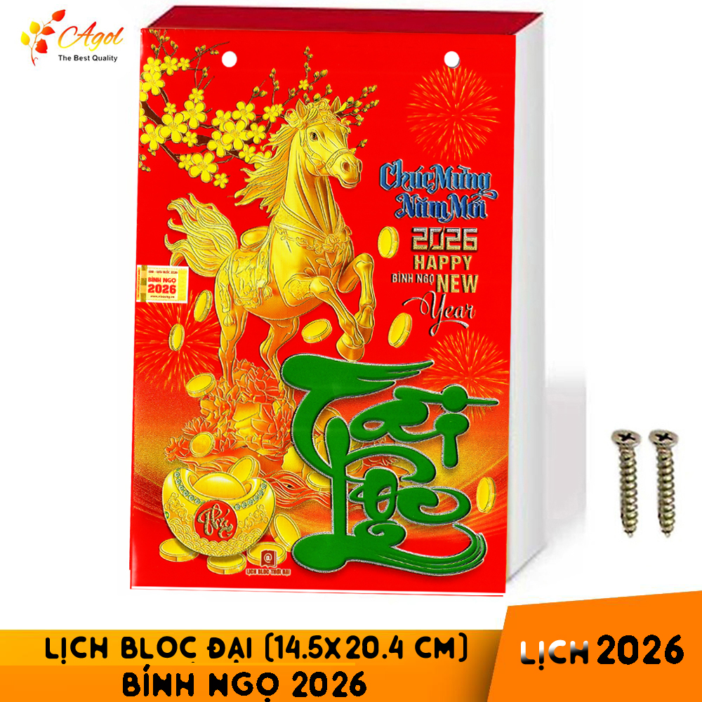 Lịch Bloc Tài Lộc 2026 Bính Ngọ có tem niêm yết (khổ giấy 14*20) kèm ốc vít giấy bóng ánh nhũ kim