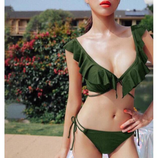 Bikini hai mảnh cạp thấp màu rêu sexy mặc đi biển đi bơi đẹp ( Ảnh chụp thật)