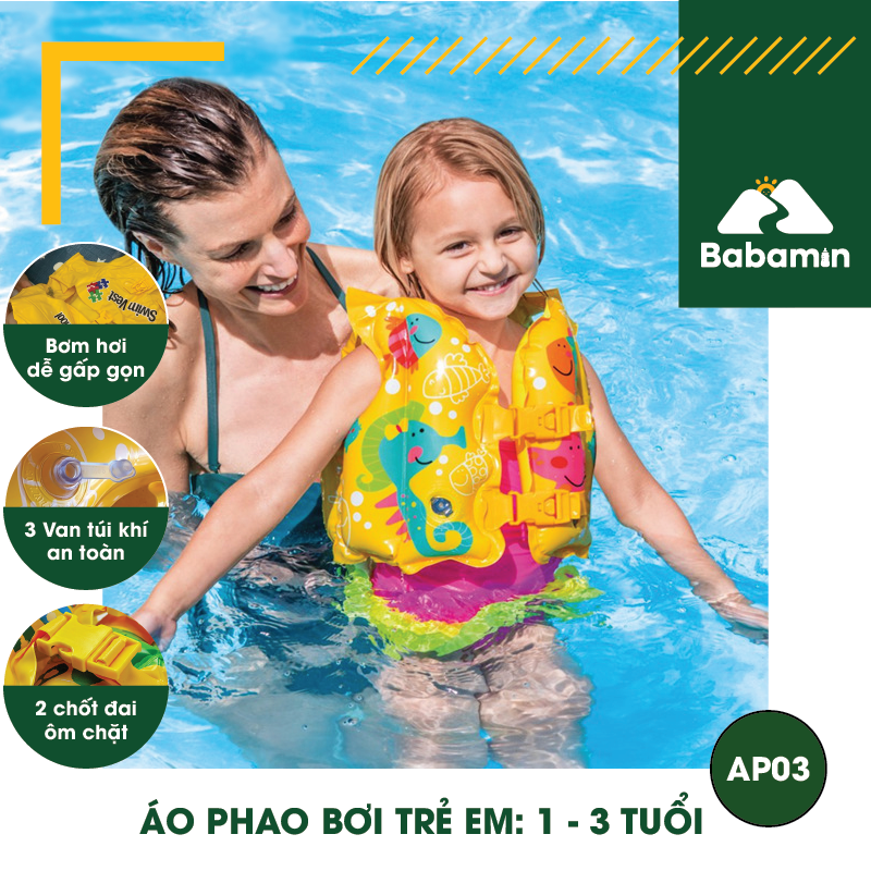 Áo Phao Bơi Cho Bé 1, 2, 3 tuổi - Bơm Hơi, 3 Van Túi Khí An Toàn - Babamin - AP03