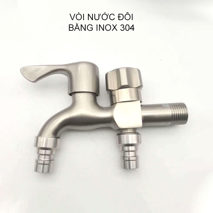 Vòi nước đôi inox 304 gắn tường, 01 đầu vào 2 đầu ra (kích thước đầu vào DN15 lắp cho ống D21)