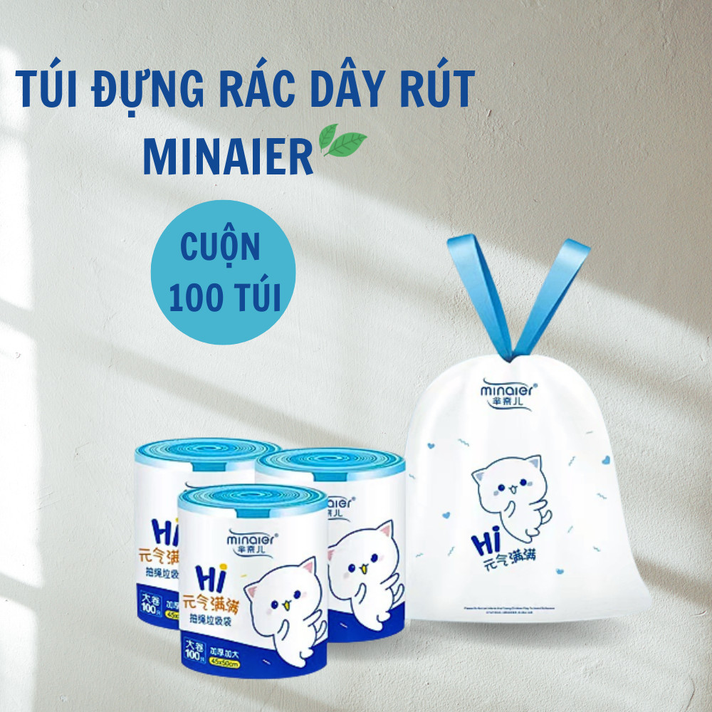 Túi đựng rác dây rút Minaier chống rò rỉ nước, không sợ bẩn tay | Túi đựng rác cuộn 100 túi siêu dai kích thước 45*50cm