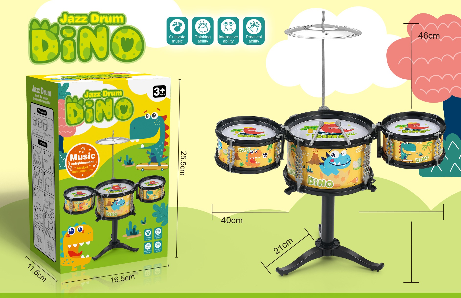 Bộ Đồ Chơi Trống Jazz 3 Trống Giúp Bé Cảm Thụ Âm Nhạc Sớm