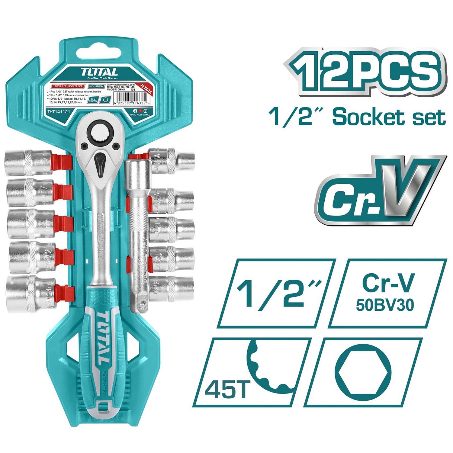 Bộ cần 2 chiều và 12 đầu tuýp 1/2'' làm từ thép CR-V đa năng, tiện lợi TOTAL THT141121 - có khay đựng cao cấp, bền bỉ, không biến dạng khi dùng