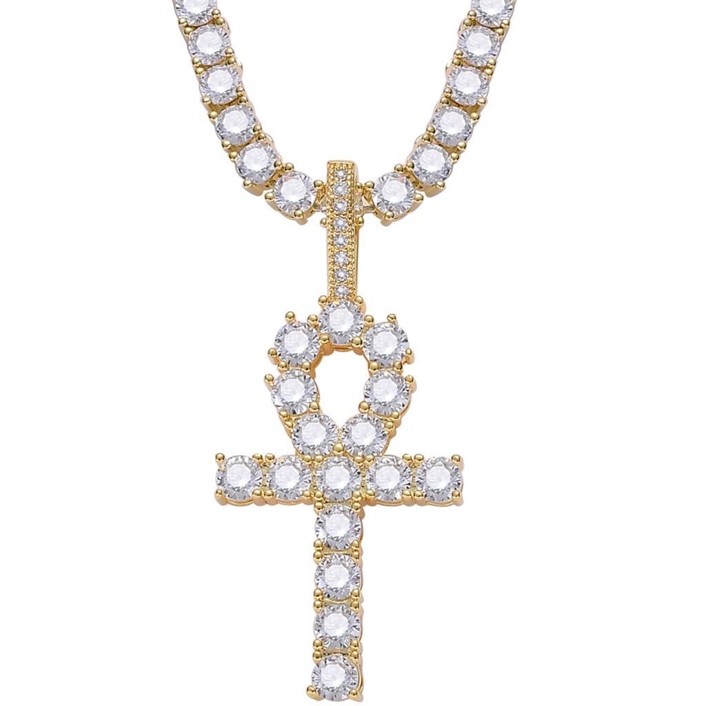 Necklace with Key Cross Pendant Zircon Jewel Accessory for Women Men Golden