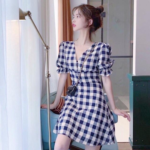 Đầm Suông Ngắn Xanh Caro Có Nút