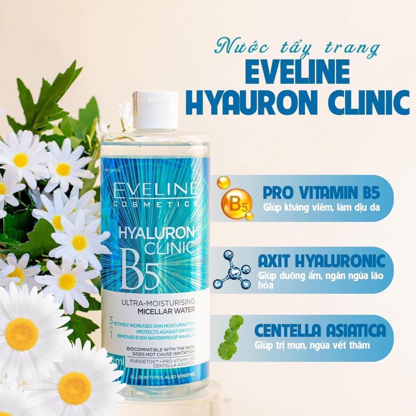 Nước Tẩy trang eveline B5 chiết xuất rau má ngừa mụn, dưỡng ẩm da 500ml