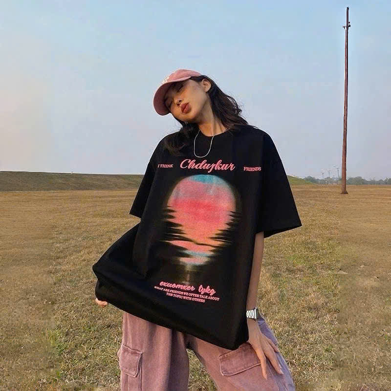 Áo phông nam nữ form rộng 2N Unisex thun cotton in hoàng hôn màu be/đen