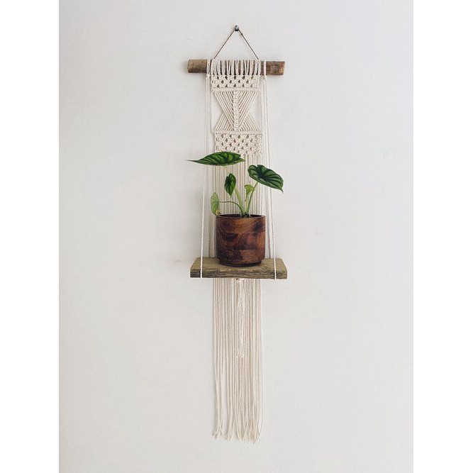 Kệ gỗ trang trí dây treo tường tết macrame độc đáo KM012