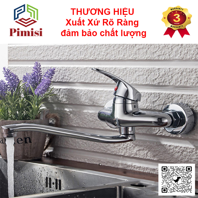 Vòi rửa bát gắn tường nóng lạnh Pimisi chất liệu đồng thau dùng cho chậu rửa chén bát 1-2 hố trong nhà bếp xoay 360 độ, kèm chân chữ Z nhằm tăng-giảm khoảng cách để hợp với mọi đường ống cấp nước | Hàng chính hãng