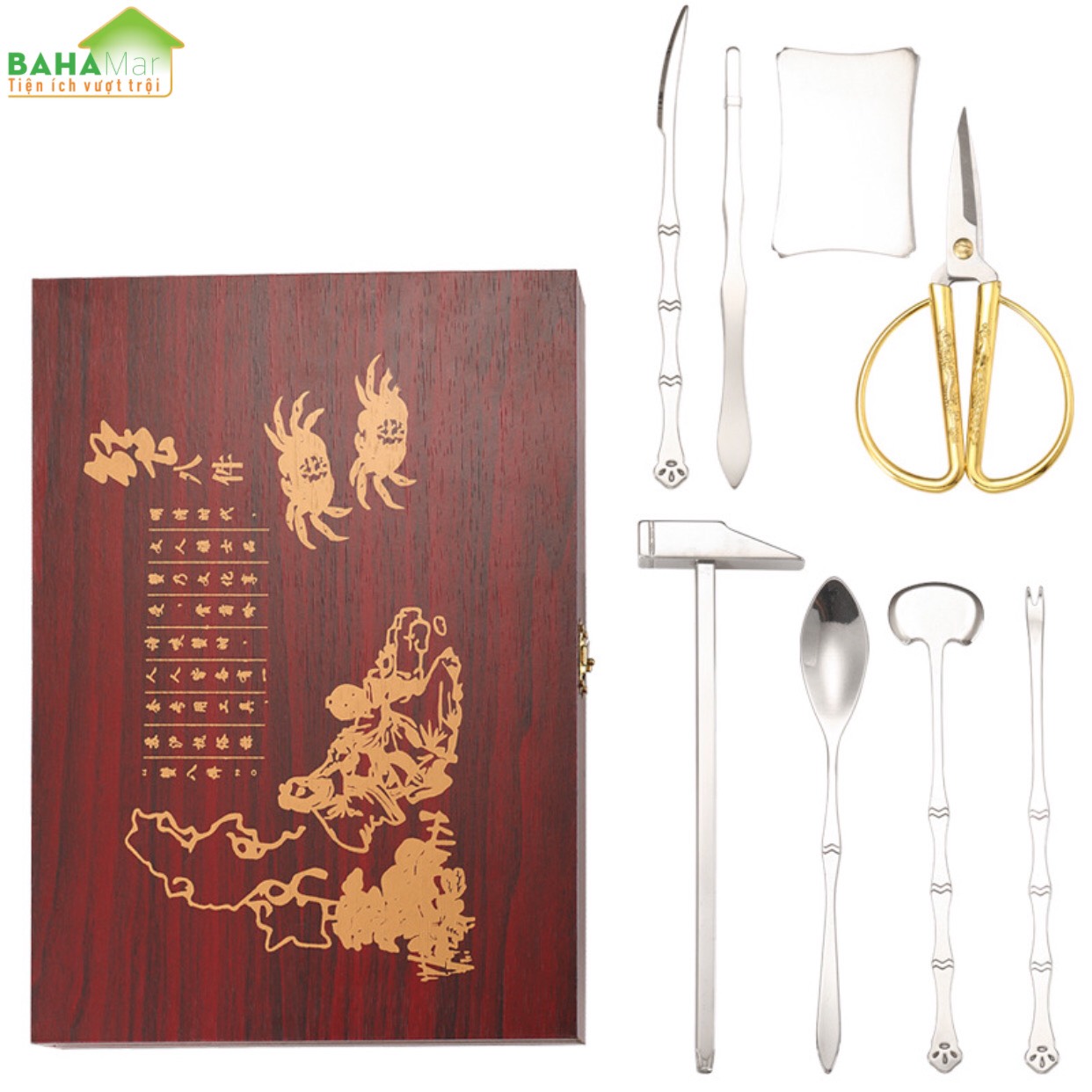 BỘ DỤNG CỤ ĂN CUA GHẸ - HẢI SẢN INOX TIỆN ÍCH CAO CẤP CÓ HỘP GỖ "BAHAMAR" thích hợp cho bất kỳ loại hải sản như tôm hùm, sò, ốc, cua và cũng có thể sử dụng khi ăn quả óc chó, hạnh nhân…