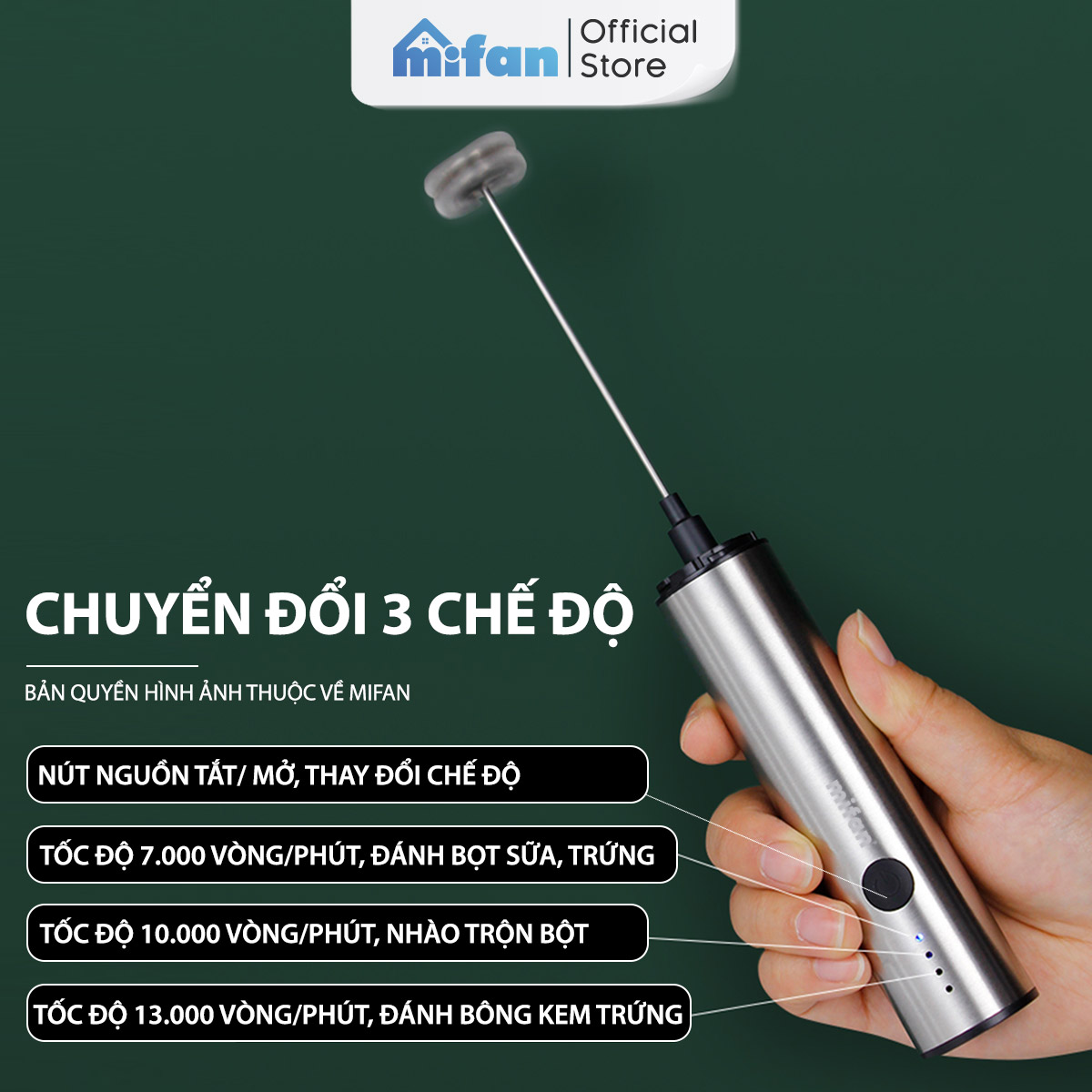 Máy Đánh Bọt Cà Phê Microfoam Mifan MF1501G - 3 Đầu Đa Năng, Thép không gỉ, Đế sạc USB tiện lợi - Hàng Chính Hãng