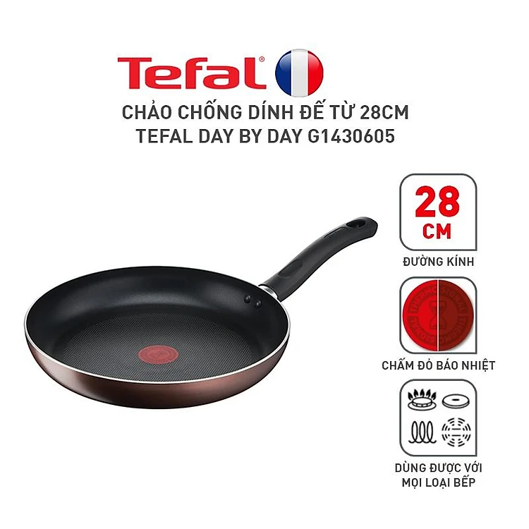 Chảo chiên chống dính đáy từ Tefal Day by Day 24cm(G1430405)/ 28cm (G1430605), dùng cho mọi loại bếp- Gian hàng chính hãng