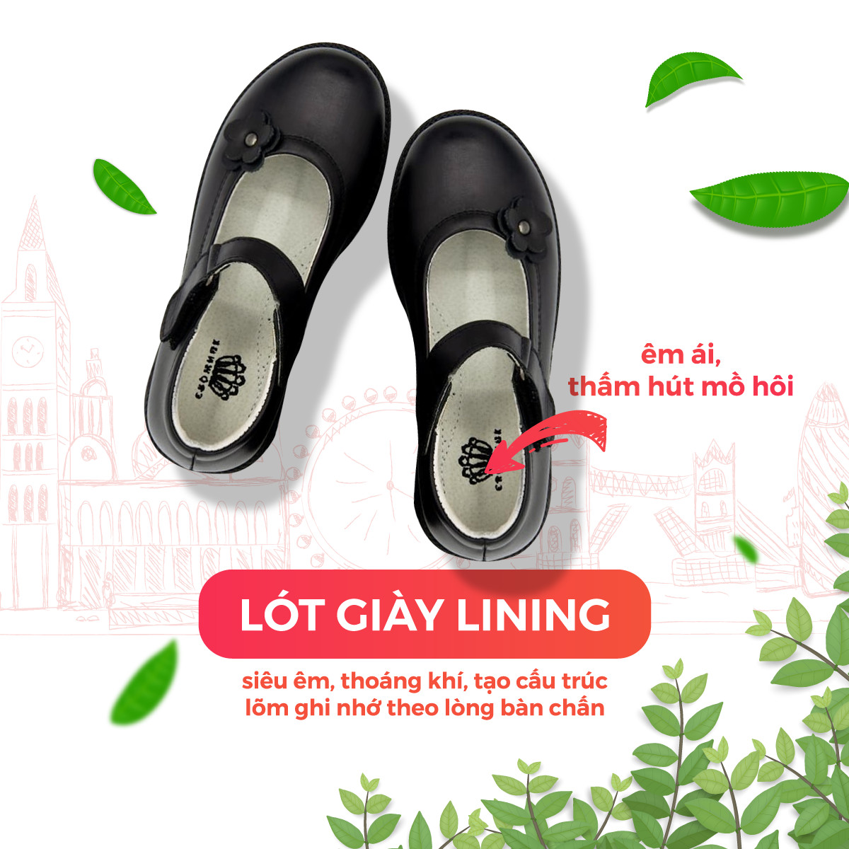 Giày Búp Bê Đi Học Bé Gái Crown Space UK School Shoes CRUK3039 Cao Cấp Nhẹ Êm Thoáng Mát Size 28-36/4-14 Tuổi