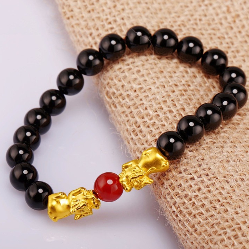 Vòng Tay Đá Opal Đen Tỳ Hưu Bạc Mạ Vàng 9MM