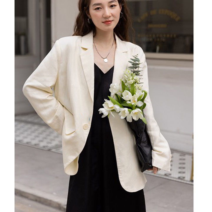 Áo vest, blazer nữ Linen thô Premium form rộng ve vuông túi bổ nắp (Trắng/ Xanh cốm)