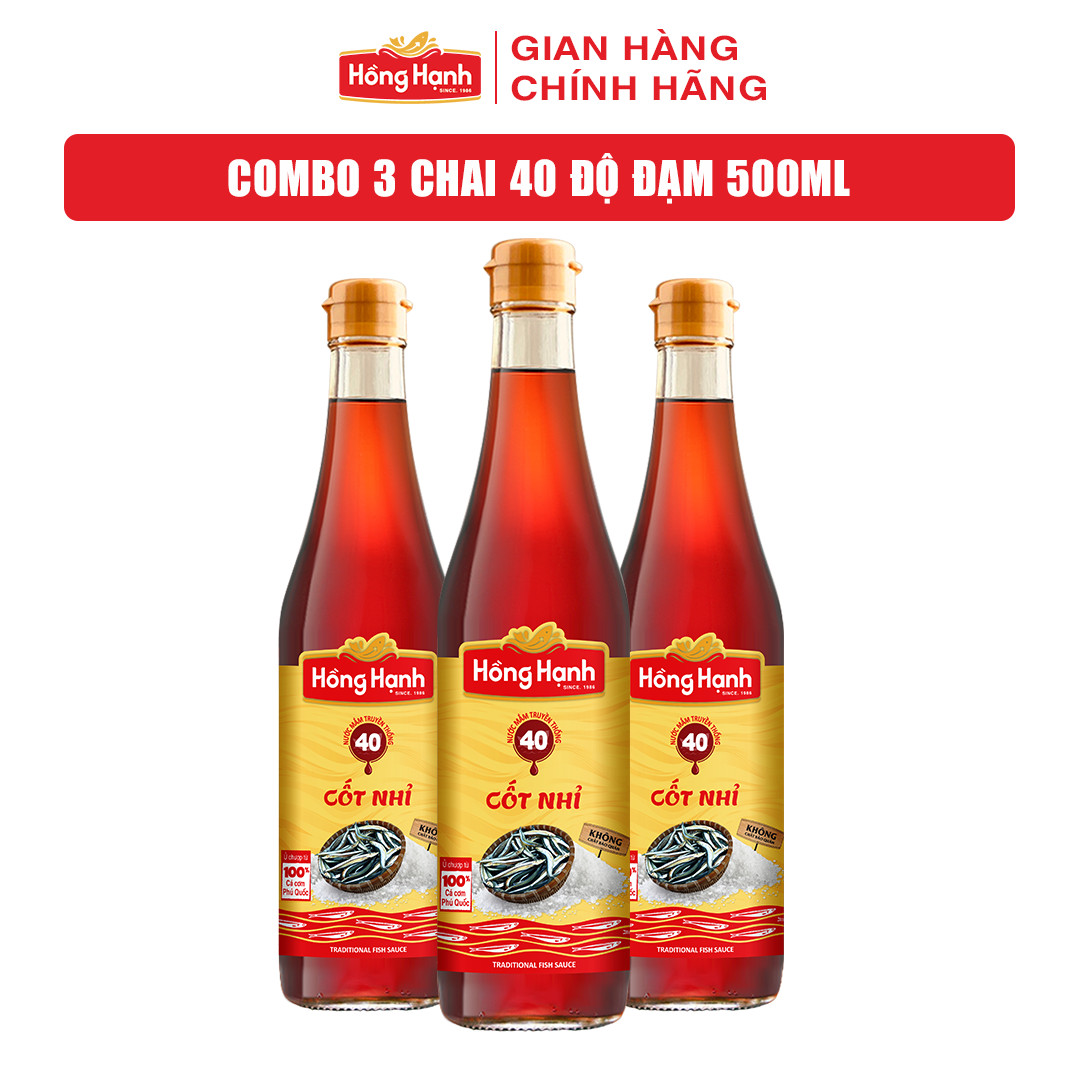 COMBO 3 chai Nước mắm truyền thống Phú Quốc Hồng Hạnh Cốt Nhỉ 40 độ đạm, dung tích 500ml - Chấm sống tuyệt ngon