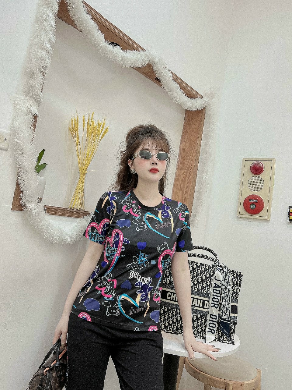 Bộ thun cotton lạnh họa tiết in 3D Tim kí tự
