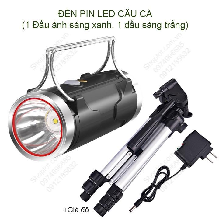 Đèn pin led câu cá D05, 01 đầu ánh sáng xanh chuyên dẫn dụ cá, 1 đầu ánh sáng trắng chiếu sáng, kèm giá đỡ đèn