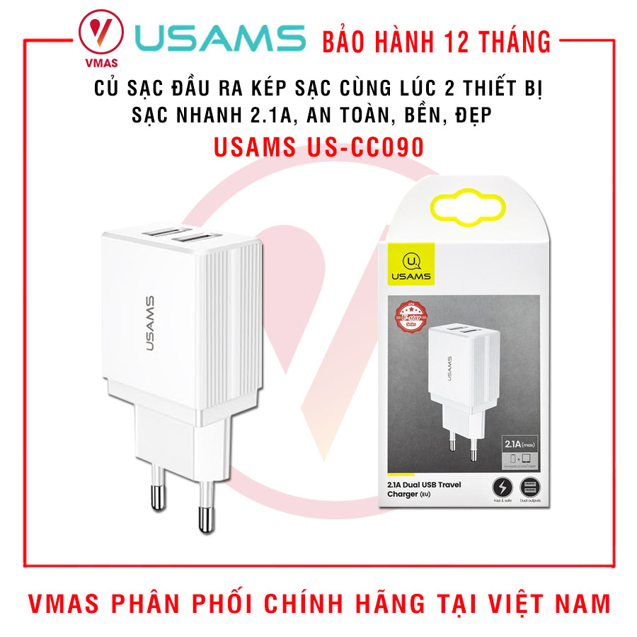 Củ sạc USAMS US-CC090 2.1A đầu ra kép, hàng chính hãng