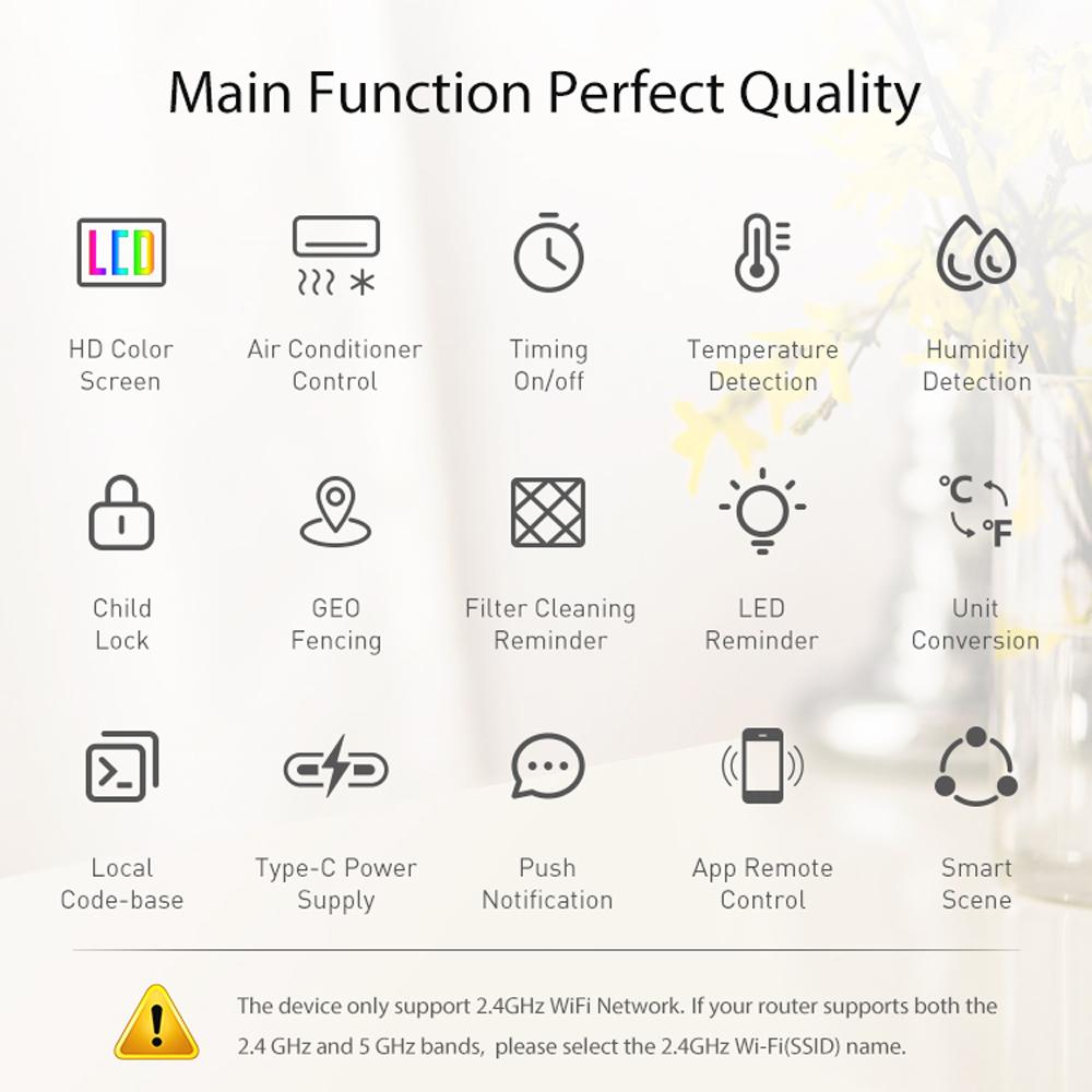Tuya WiFi Intelligent Temperature Humidity Infrared Controller USB Power Supplys Home Living Room Bedroom Air Conditioner Thermostat LCD Display Screen with Backlight APP Remotes Control