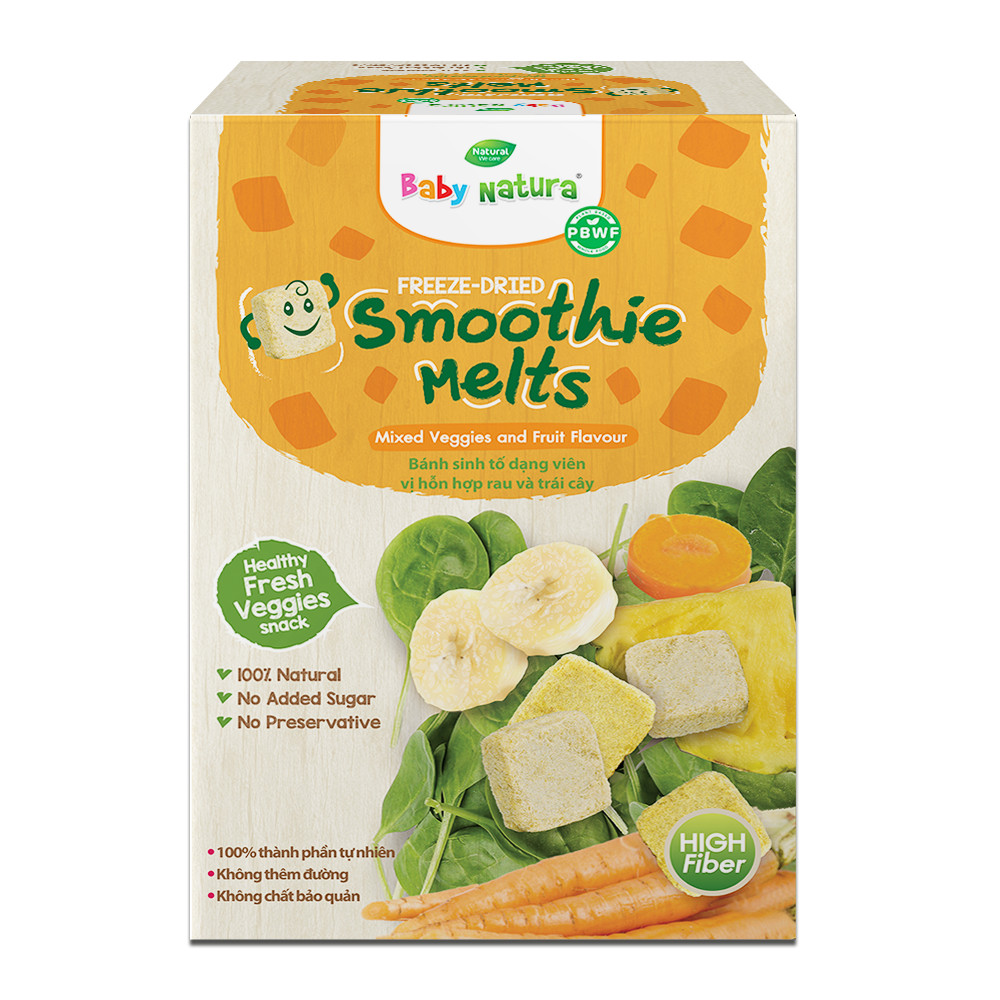 [CHÍNH HÃNG] - BABY NATURA FREEZE-DRIED SMOOTHIE MELTS VEGGIES AND FRUIT FLAVOUR - Bánh ăn dặm sinh tố dạng viên vị rau và trái cây cho bé từ 8 tháng tuổi trở lên