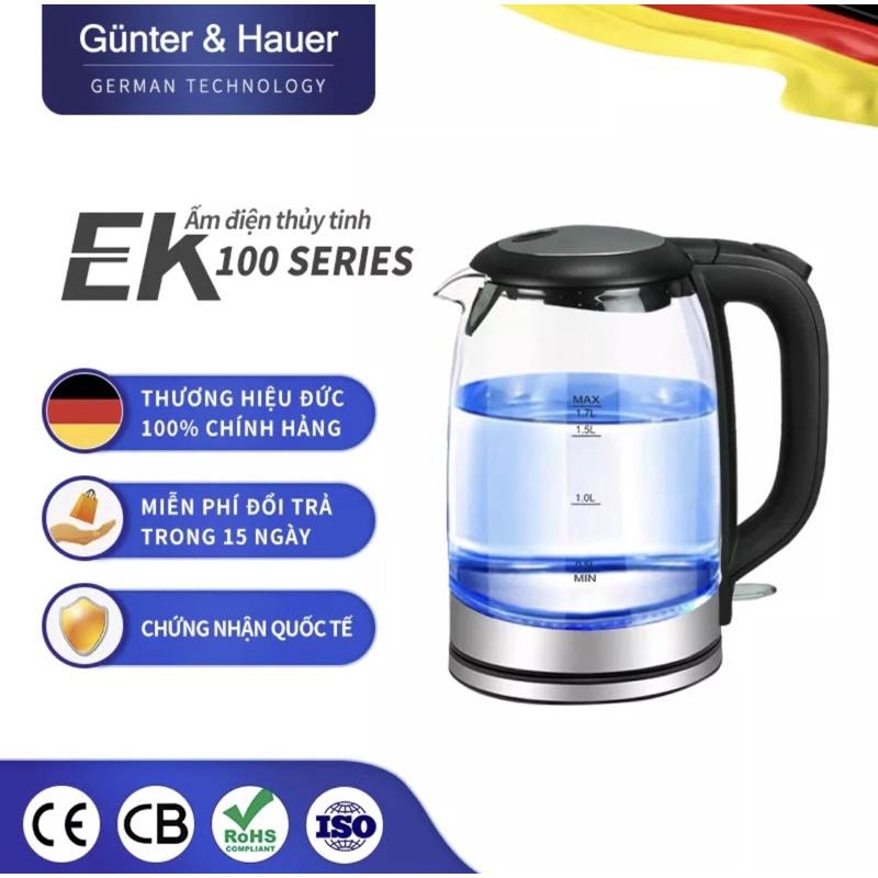 Günter &amp; Hauer Bình Đun Siêu Tốc Bình Trà Điện Thủy Tinh 1,7L LED Dây Đèn Vòng Xanh và Thiết Bị Điều Khiển EK100 - Hàng chính hãng