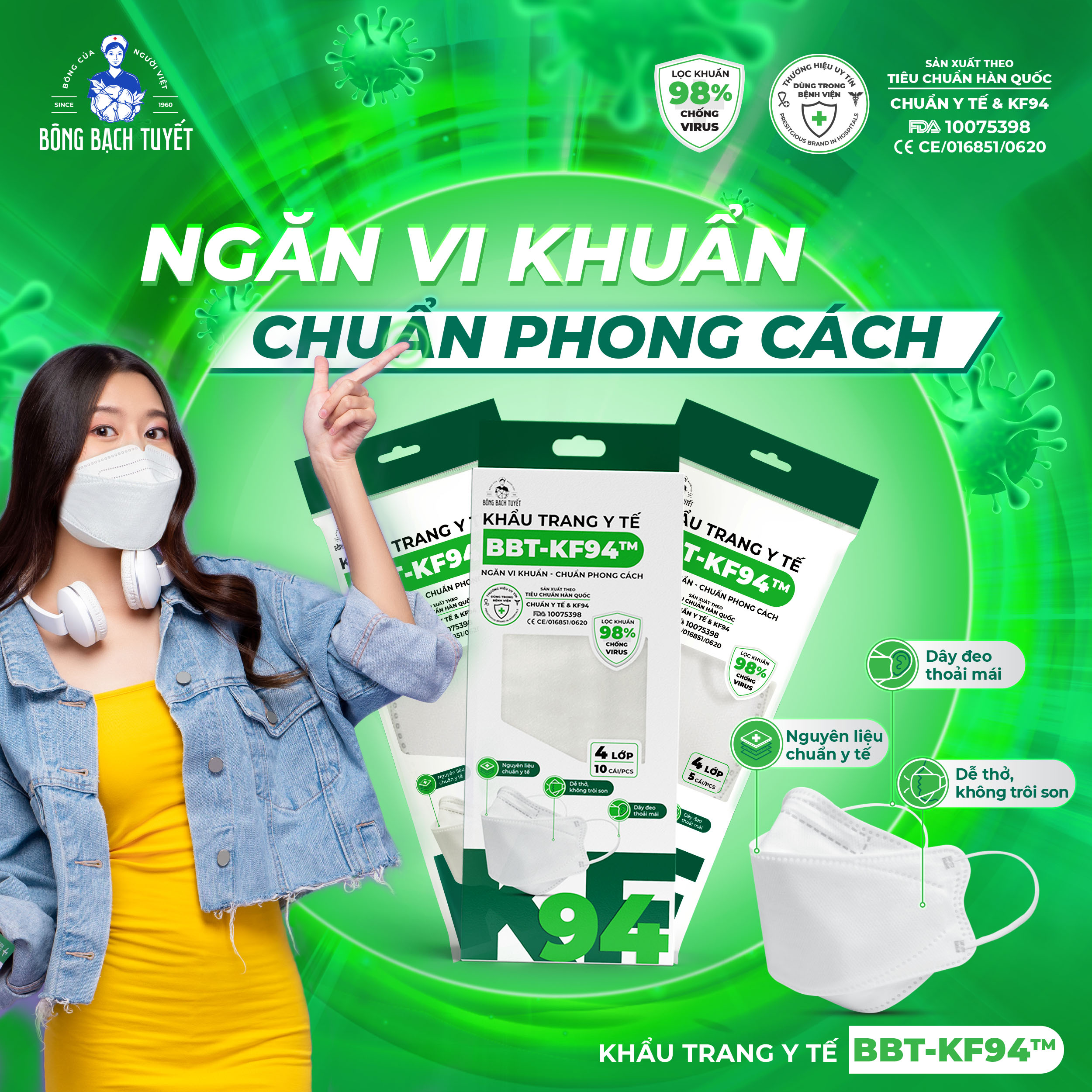 Combo 20 Gói khẩu trang Bông Bạch Tuyết KF94 Trắng (10 cái/gói)