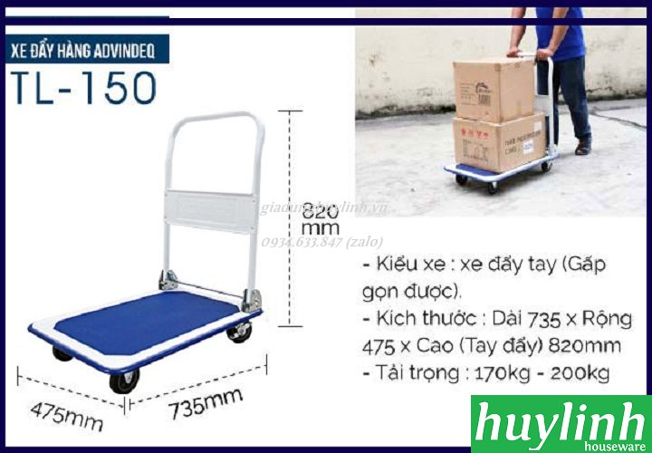 Xe đẩy hàng sàn thép Advindeq TL-150 - (Tải trọng 170 - 200kg) - Chính hãng