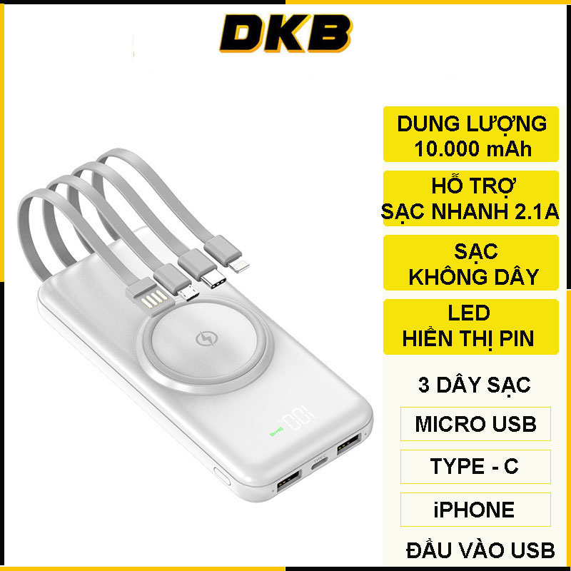 Sạc dự phòng DKB 10000mAh, Tích hợp sạc không dây, Kèm 4 đầu dây sạc, cho di dộng, Ipad - Hàng Chính Hãng