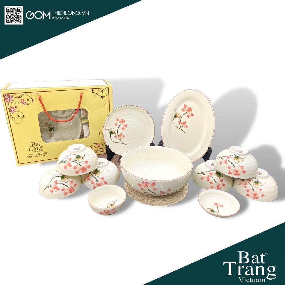 Bát Đĩa Quà Tặng Cao Cấp Sen Hồng - Bộ Bát Đĩa Bát Tràng Chính Hãng Loại 1 - Gốm Thiên Long